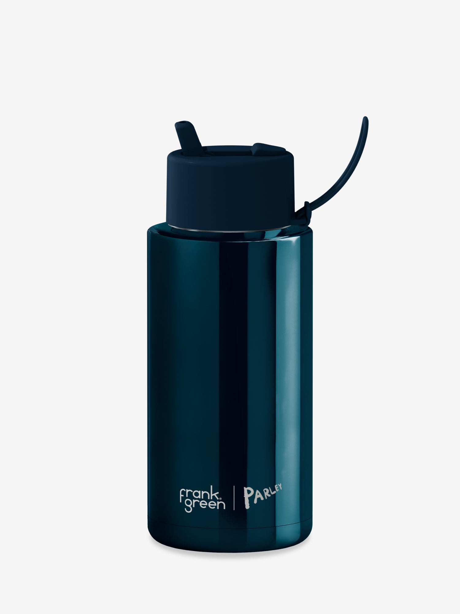 Dark blue reusable water bottle with Frank Green Paris branding on a white background